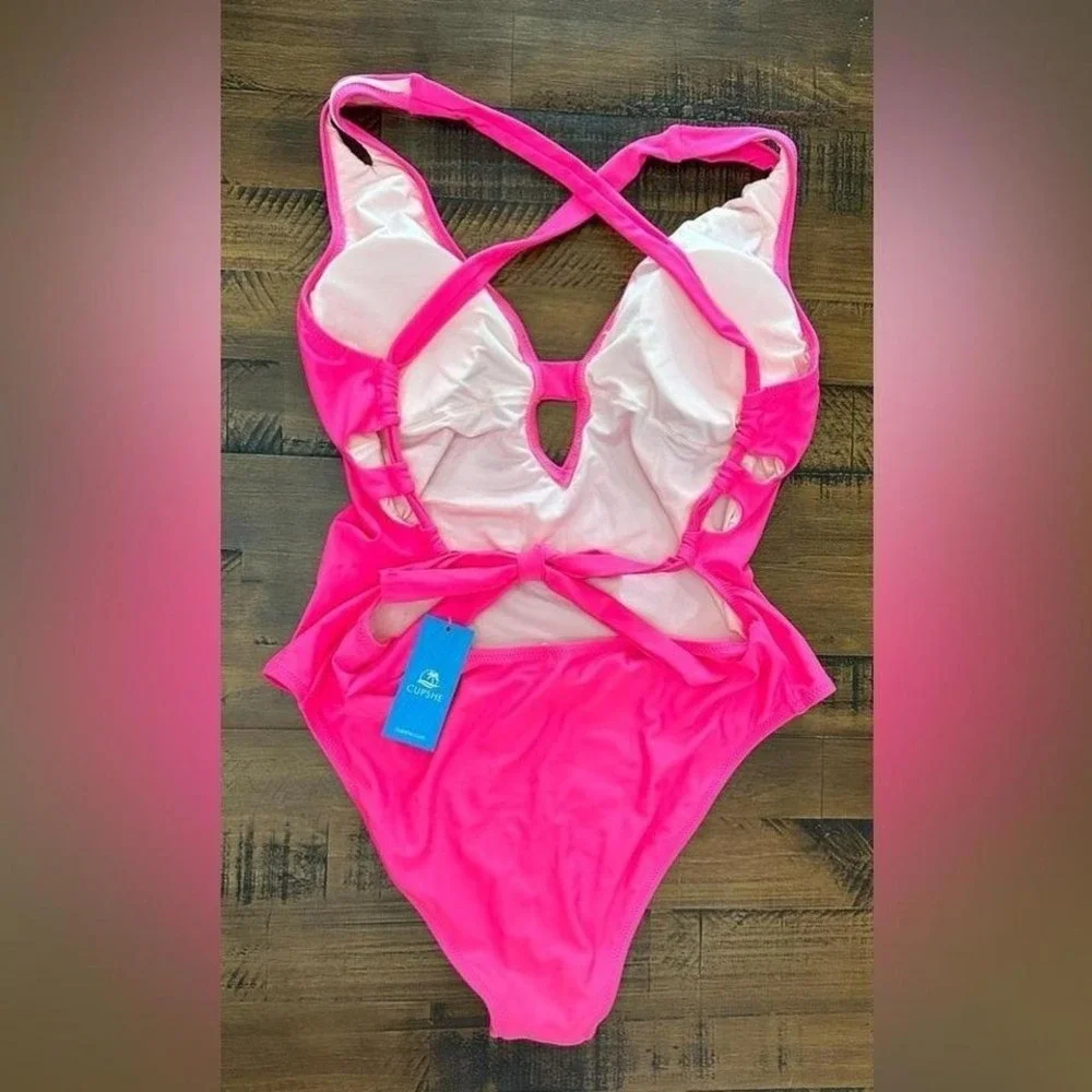 NWT Pink LARGE Cupshe Plunging Neck One Piece Swimsuit Cutout Bathing Suit